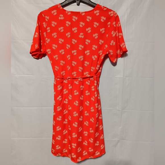 Dragonfly EUC Wrap Style Lined Dress, Coral with White Floral Pattern, Medium - Picture 8 of 8